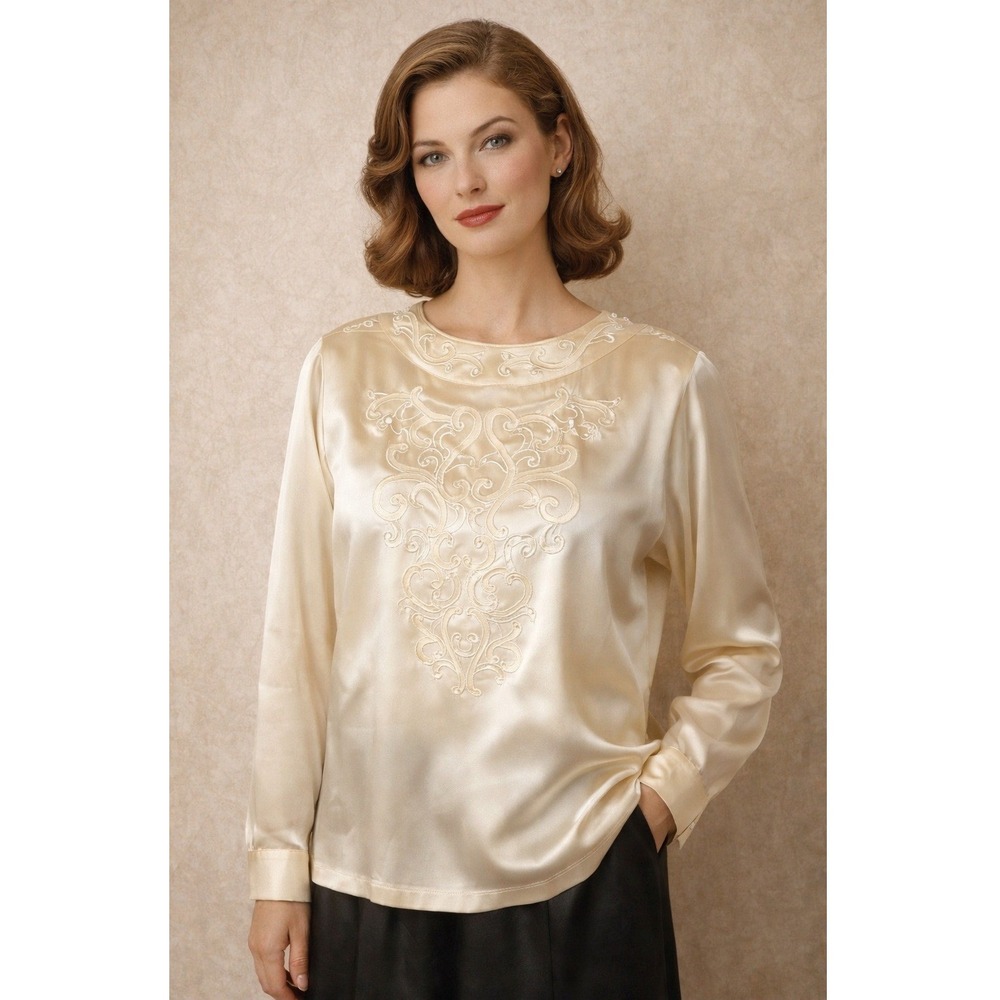 Paul Alexander Shirt Women 12 Beige Silk Beaded Embroidered Vintage Blouse VTG